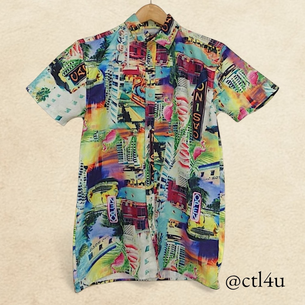 Surf Society City Print Shirt M Funky Y2K Resort Party Coastal Festival